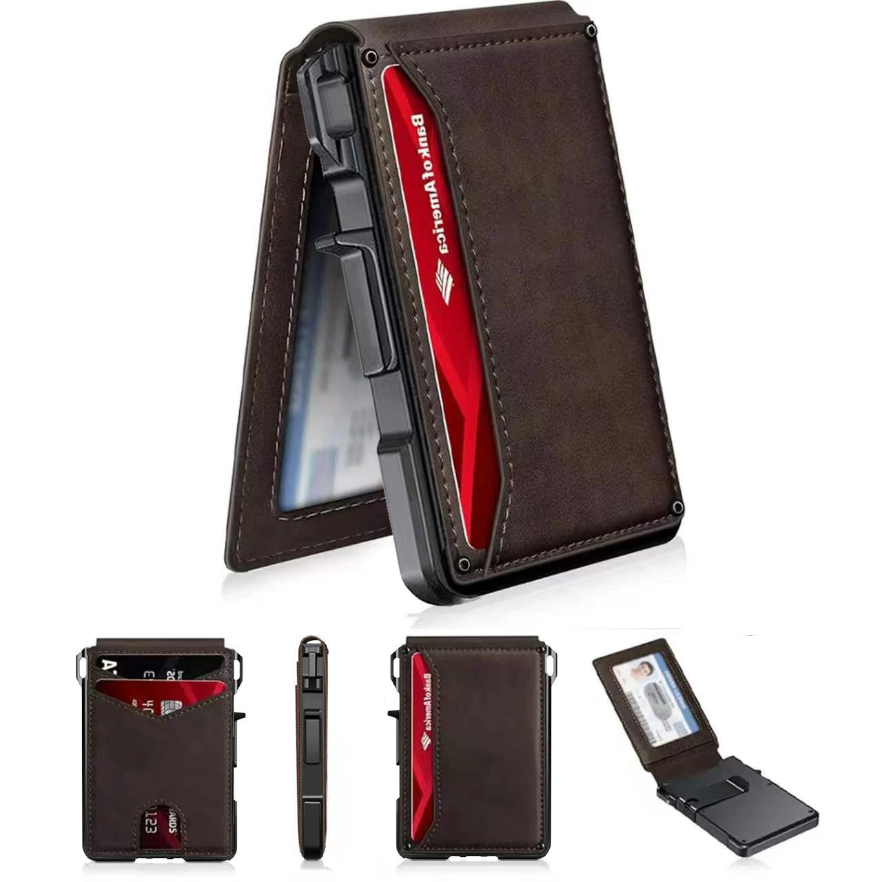 Men RFID Blocking Slim Minimalist Wallet Leather Bifold Front Pocket Purse with Pop-Up Magnetic Closure Money Clip Card Holder