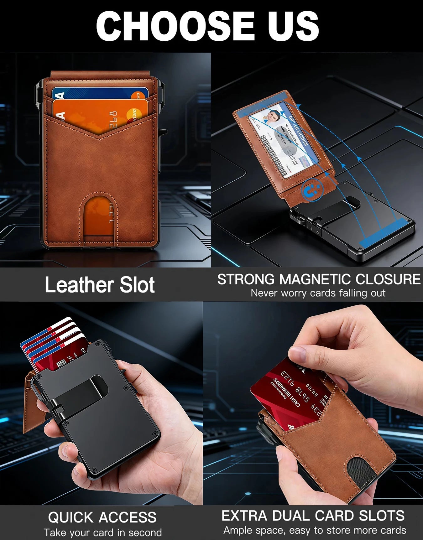 Men RFID Blocking Slim Minimalist Wallet Leather Bifold Front Pocket Purse with Pop-Up Magnetic Closure Money Clip Card Holder