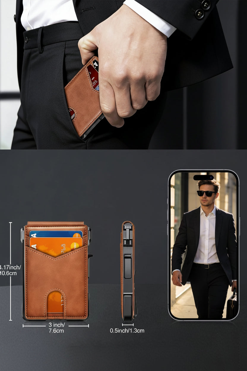 Men RFID Blocking Slim Minimalist Wallet Leather Bifold Front Pocket Purse with Pop-Up Magnetic Closure Money Clip Card Holder