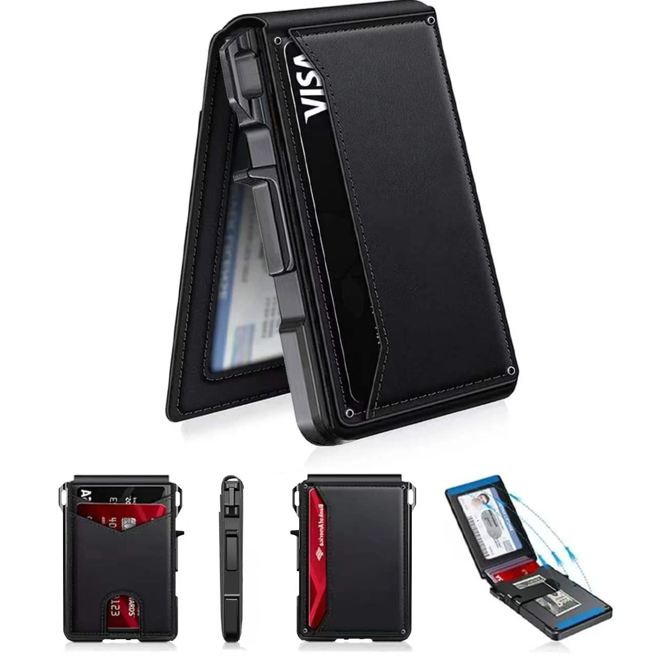 Men RFID Blocking Slim Minimalist Wallet Leather Bifold Front Pocket Purse with Pop-Up Magnetic Closure Money Clip Card Holder